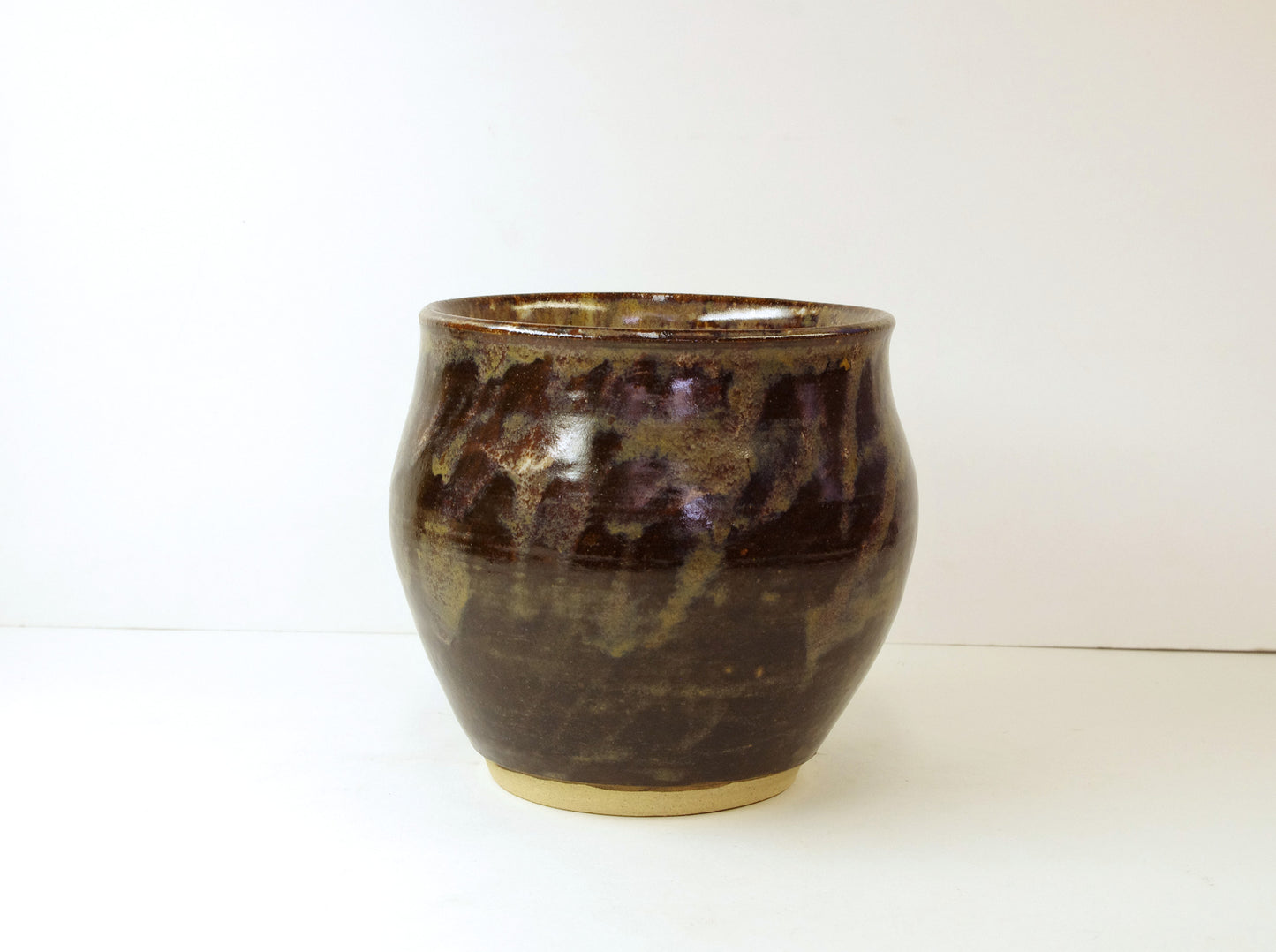 2045, Hand Thrown Stoneware Vase, Browns, Golds, White, 5 3/4 x 5 inches tall