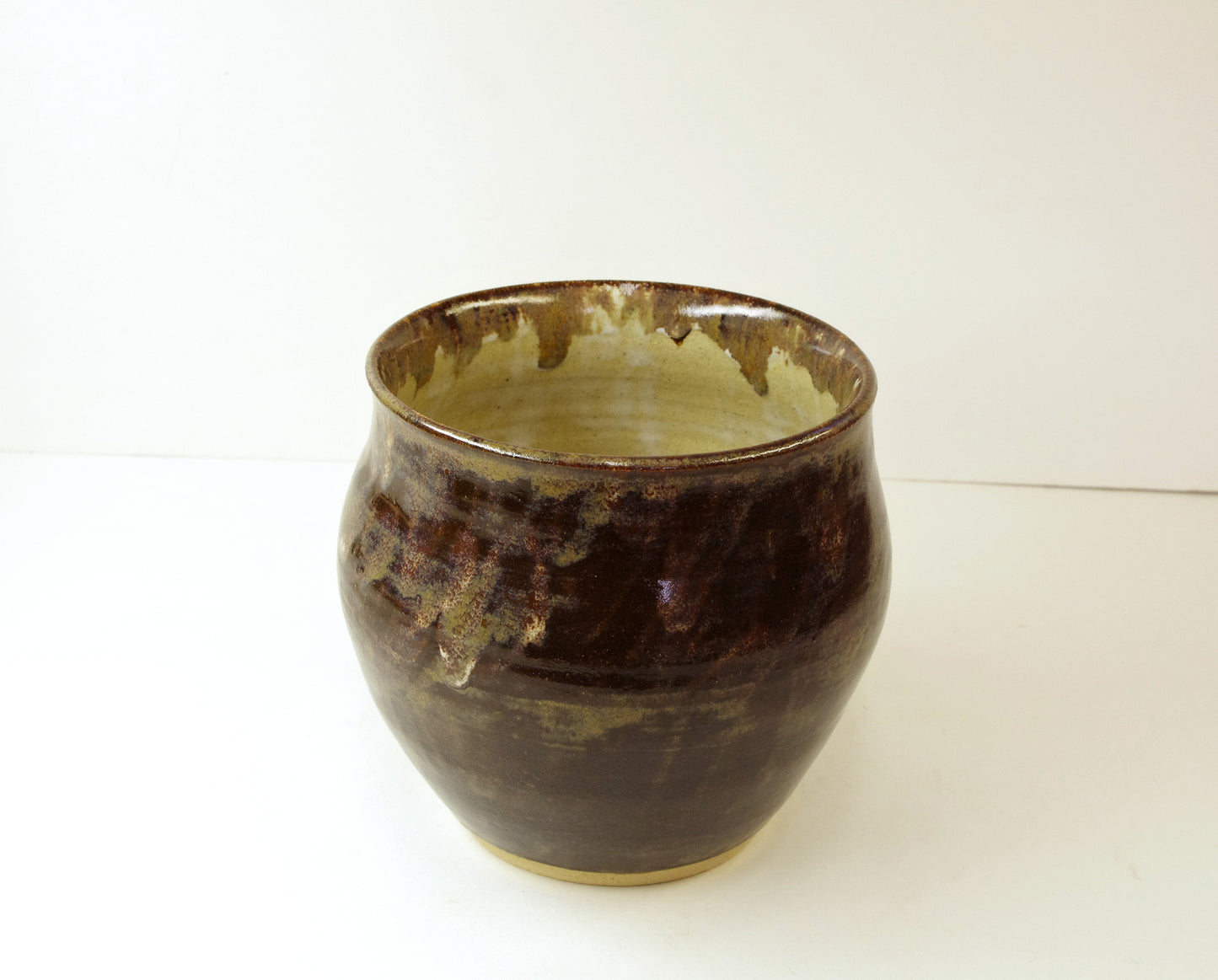 2045, Hand Thrown Stoneware Vase, Browns, Golds, White, 5 3/4 x 5 inches tall