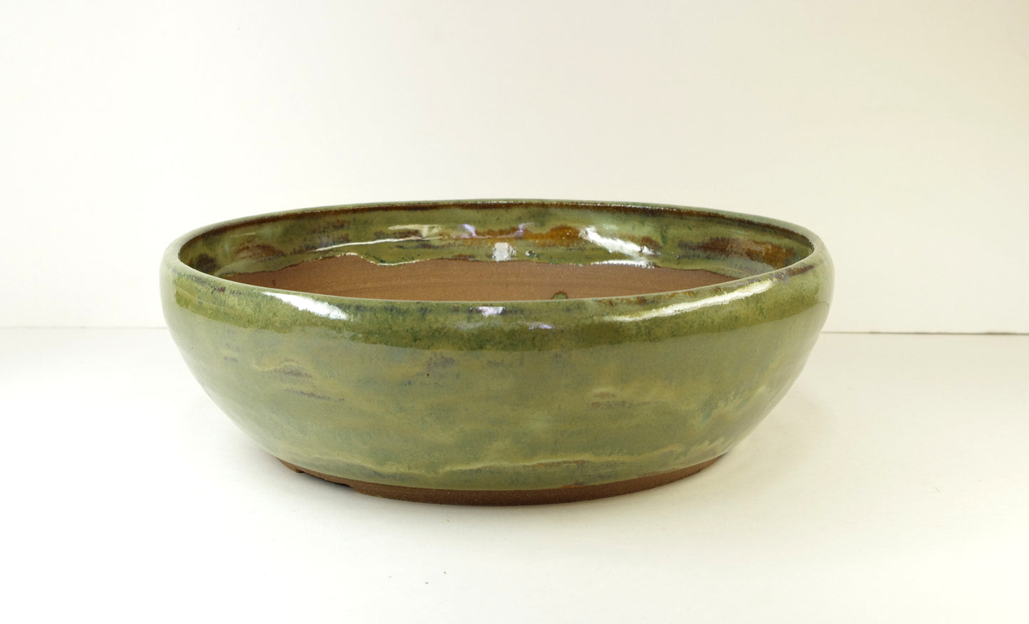 2048, Hand Thrown Stoneware Bonsai Pot, Extra Wire Holes, Greens, Tans, Browns, 9 1/8 x 2 3/4