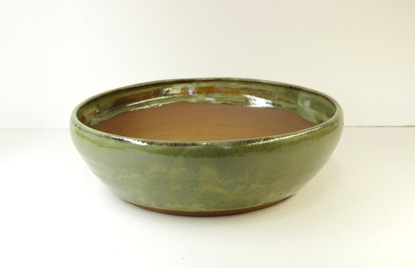 2048, Hand Thrown Stoneware Bonsai Pot, Extra Wire Holes, Greens, Tans, Browns, 9 1/8 x 2 3/4