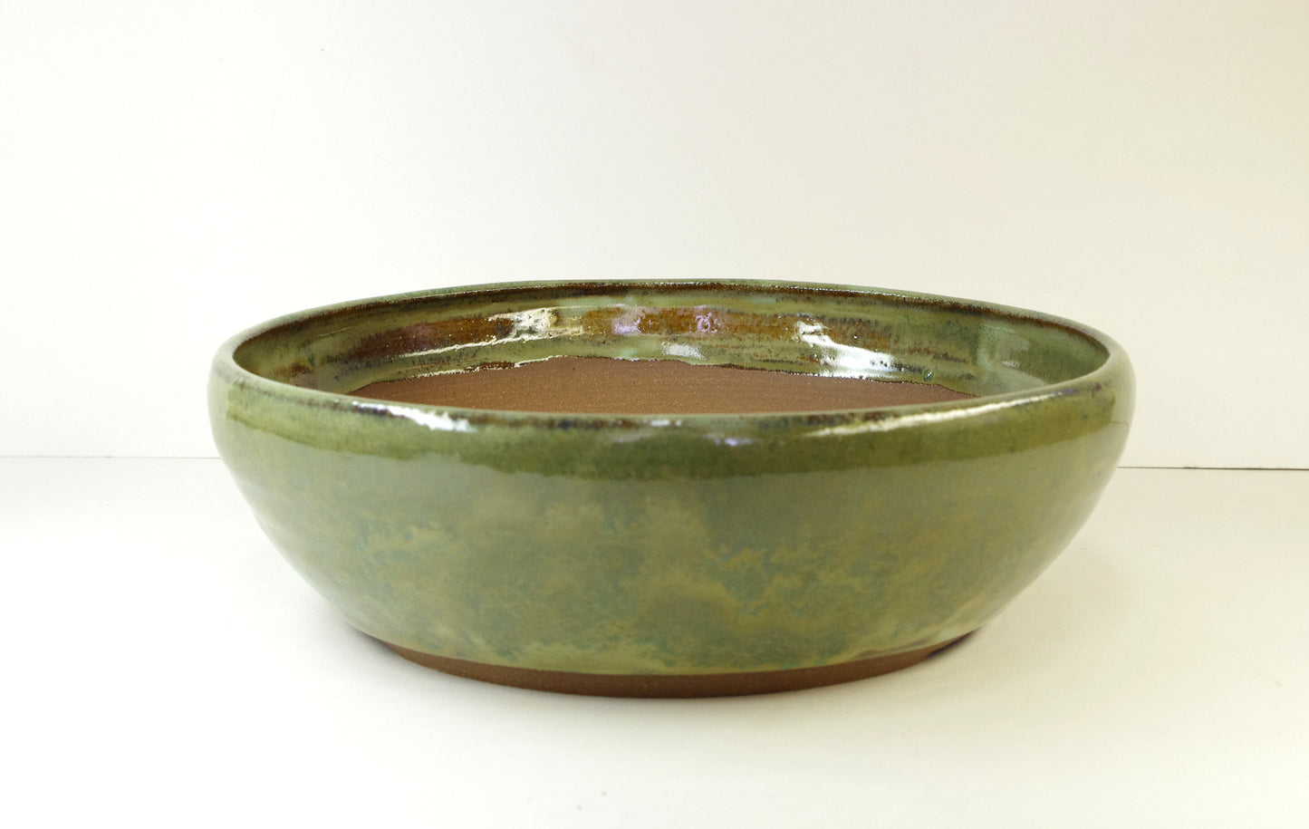 2048, Hand Thrown Stoneware Bonsai Pot, Extra Wire Holes, Greens, Tans, Browns, 9 1/8 x 2 3/4