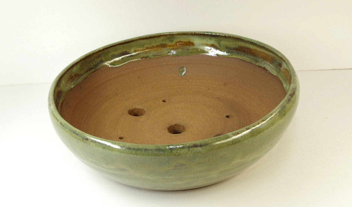 2048, Hand Thrown Stoneware Bonsai Pot, Extra Wire Holes, Greens, Tans, Browns, 9 1/8 x 2 3/4