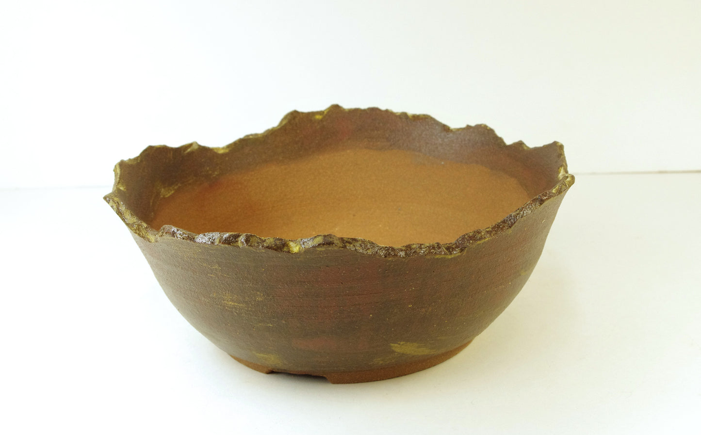 2049, Hand Thrown Stoneware and Altered Bonsai Pot, Extra Wire Holes, Brown and Yellow Ochre 7 1/4 x 2 3/8 to 2 7/8