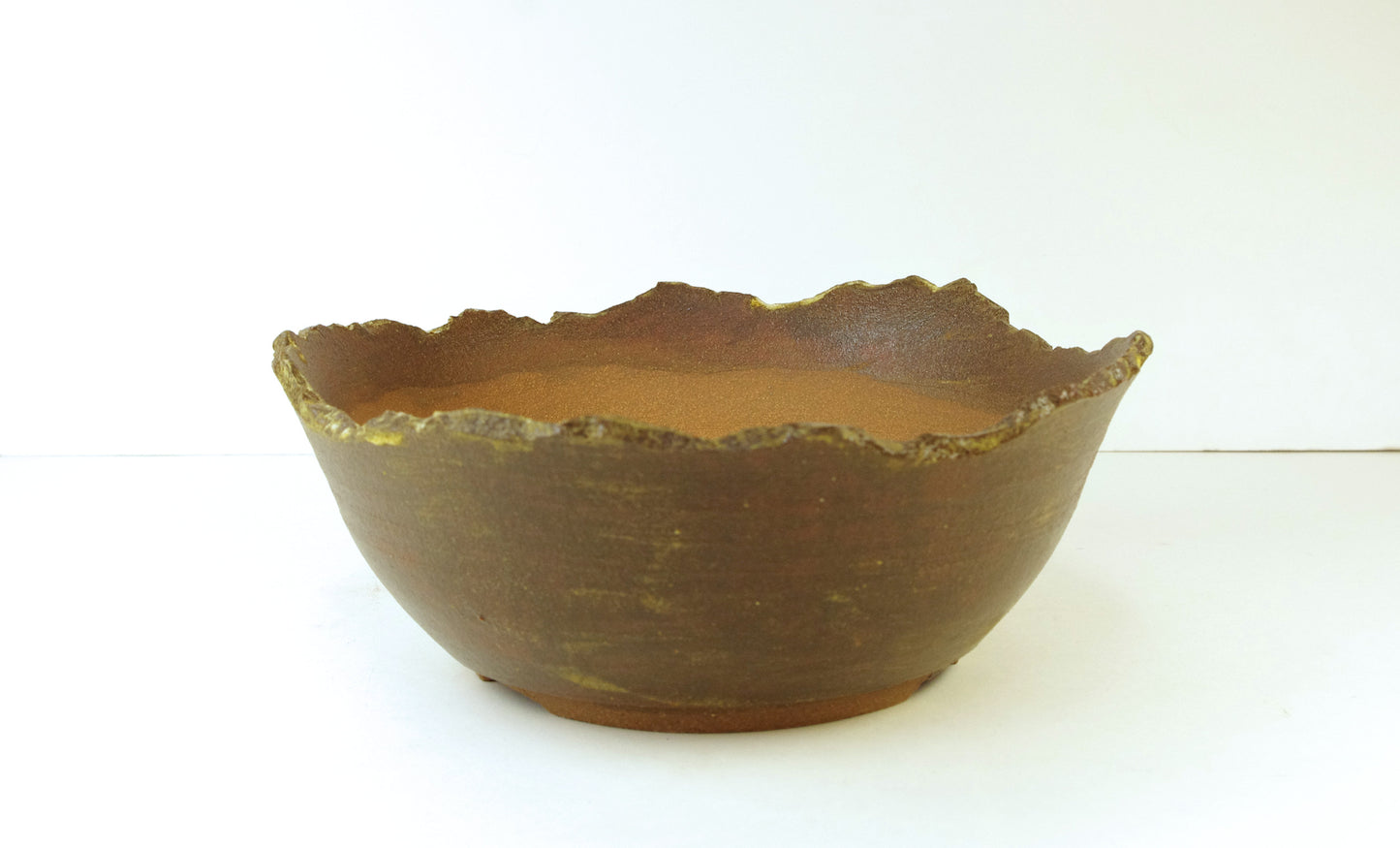 2049, Hand Thrown Stoneware and Altered Bonsai Pot, Extra Wire Holes, Brown and Yellow Ochre 7 1/4 x 2 3/8 to 2 7/8