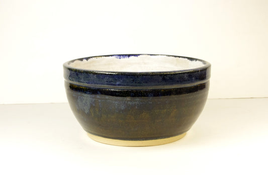 2059, Hand Thrown Stoneware Dog Bowl, Blues, Browns, Medium