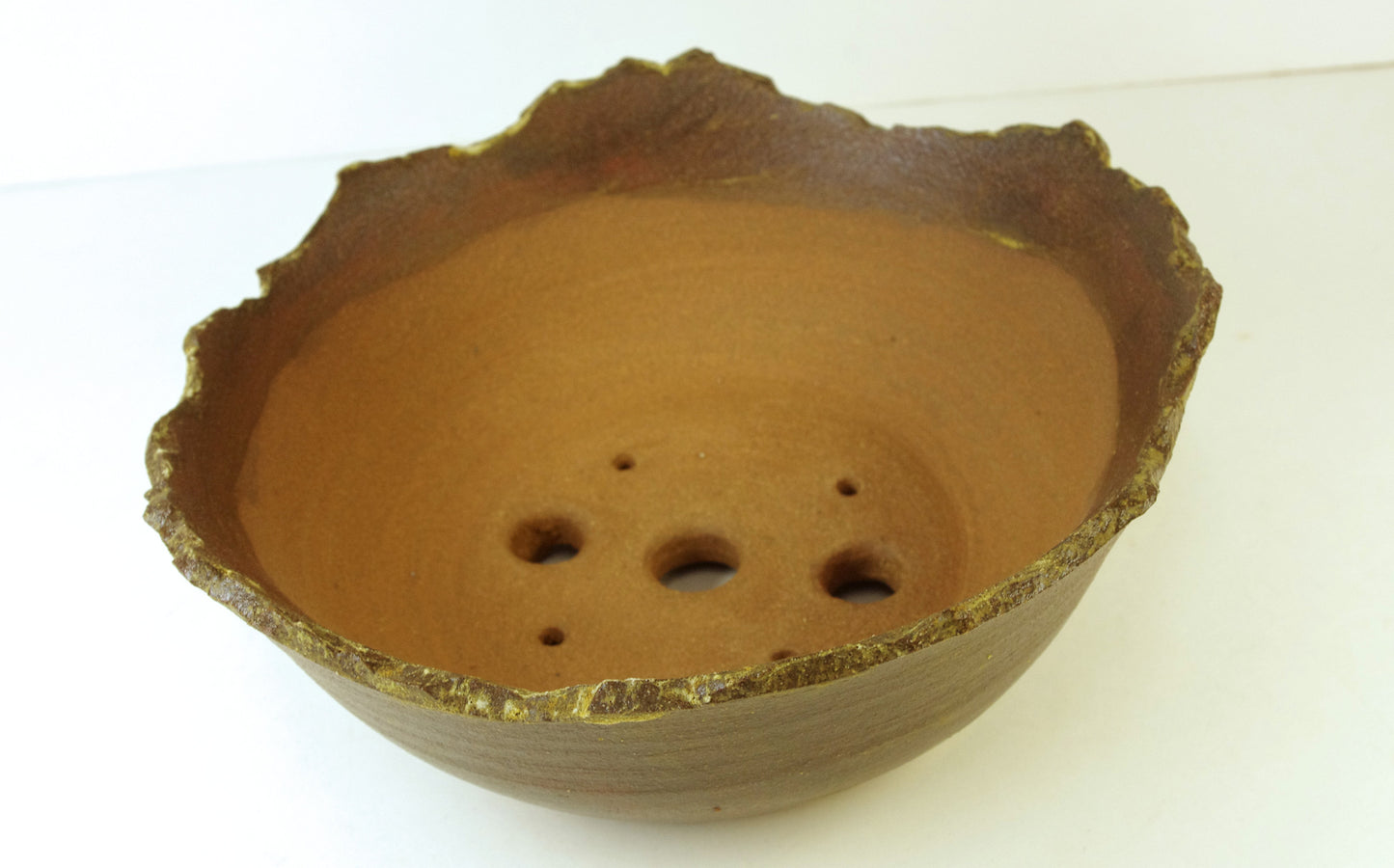 2049, Hand Thrown Stoneware and Altered Bonsai Pot, Extra Wire Holes, Brown and Yellow Ochre 7 1/4 x 2 3/8 to 2 7/8