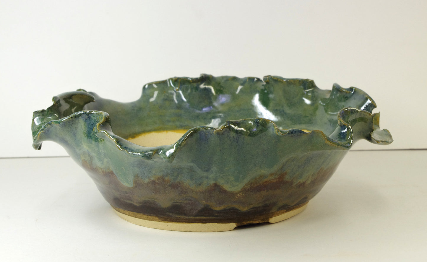 Hand Thrown And Altered Stoneware Bonsai Pot, Blues, Greens, Browns, 9 7/8 to 8 1/4 by 2 1/2 to 3 1/2 tall, With Extra Wire Holes