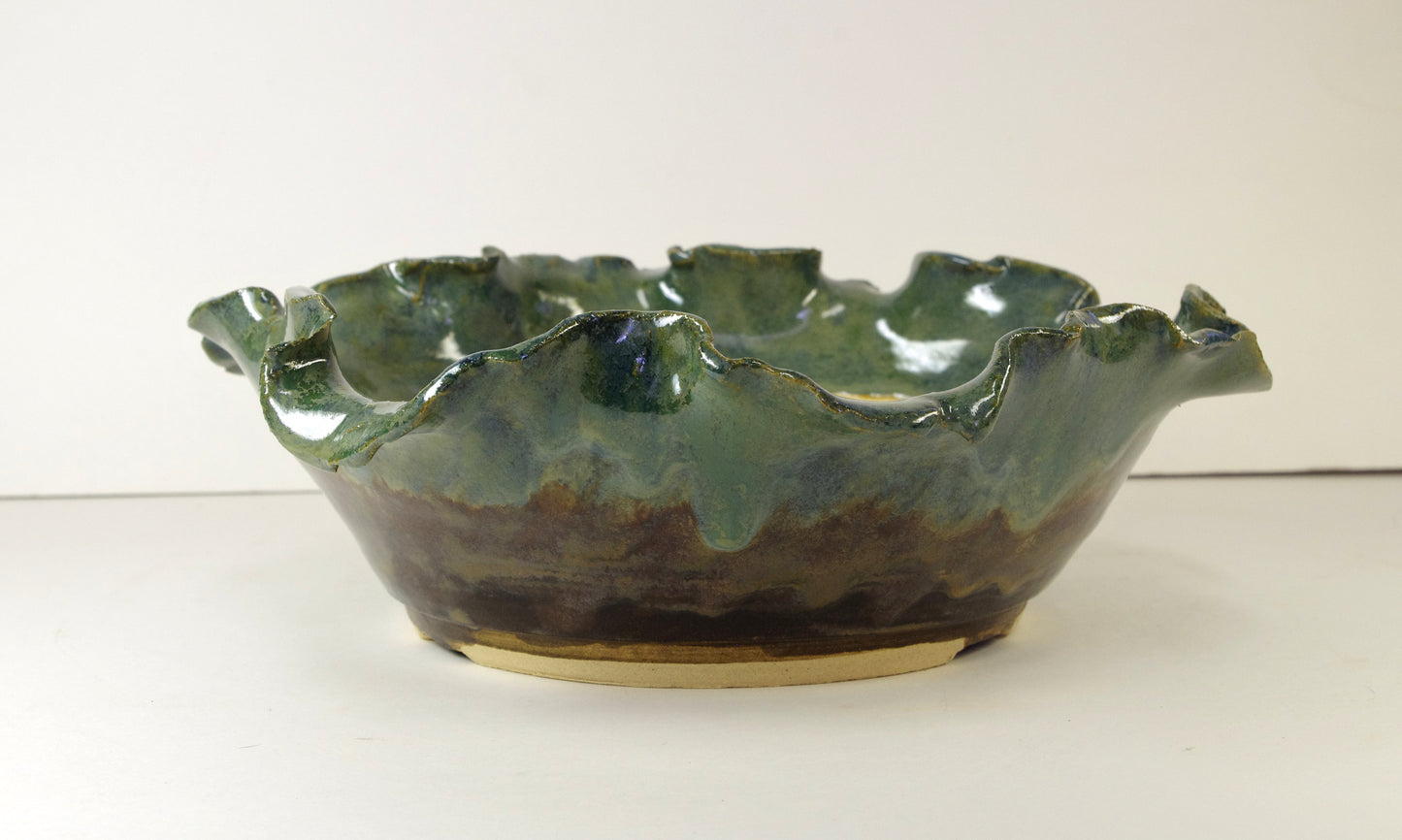 Hand Thrown And Altered Stoneware Bonsai Pot, Blues, Greens, Browns, 9 7/8 to 8 1/4 by 2 1/2 to 3 1/2 tall, With Extra Wire Holes
