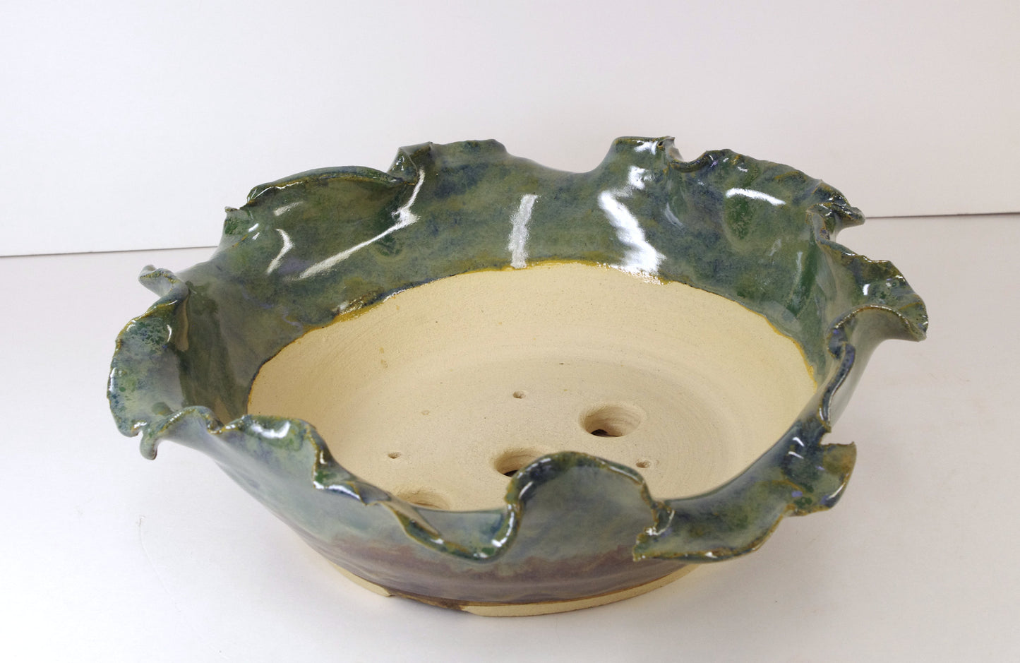 Hand Thrown And Altered Stoneware Bonsai Pot, Blues, Greens, Browns, 9 7/8 to 8 1/4 by 2 1/2 to 3 1/2 tall, With Extra Wire Holes