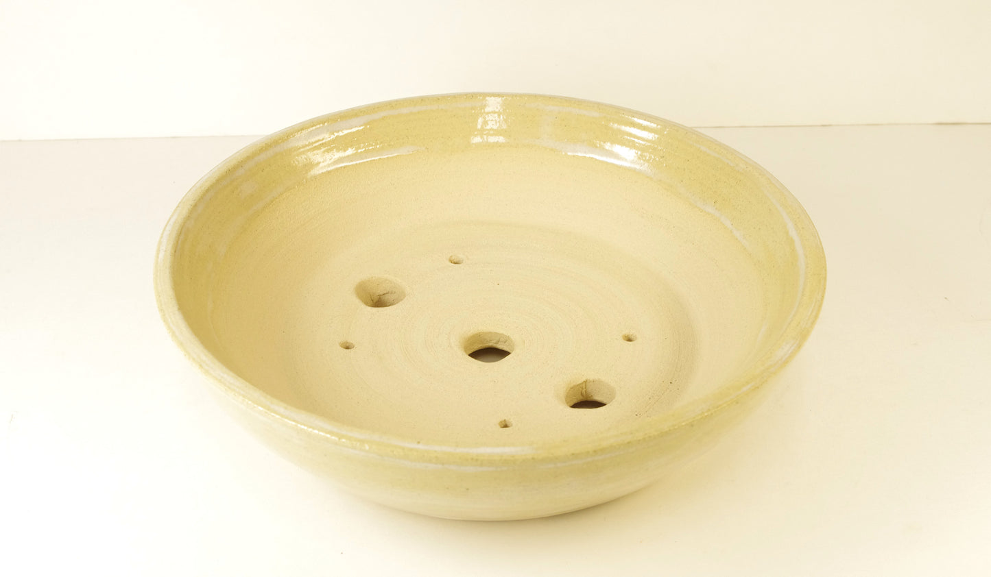 2062, Hand Thrown Stoneware Bonsai Pot, Extra Wire Holes, Natural Beige, White, 8 3/4 x 2 1/4, Extra Wire Holes