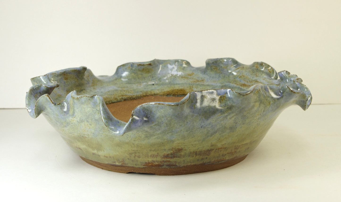 2068, Hand Thrown and Altered Stonware Bonsai Pot, Blues Greens Browns, 11 x 2.5
