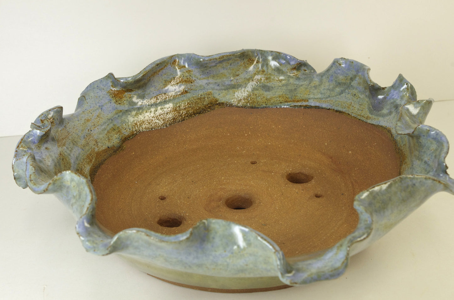 2068, Hand Thrown and Altered Stonware Bonsai Pot, Blues Greens Browns, 11 x 2.5