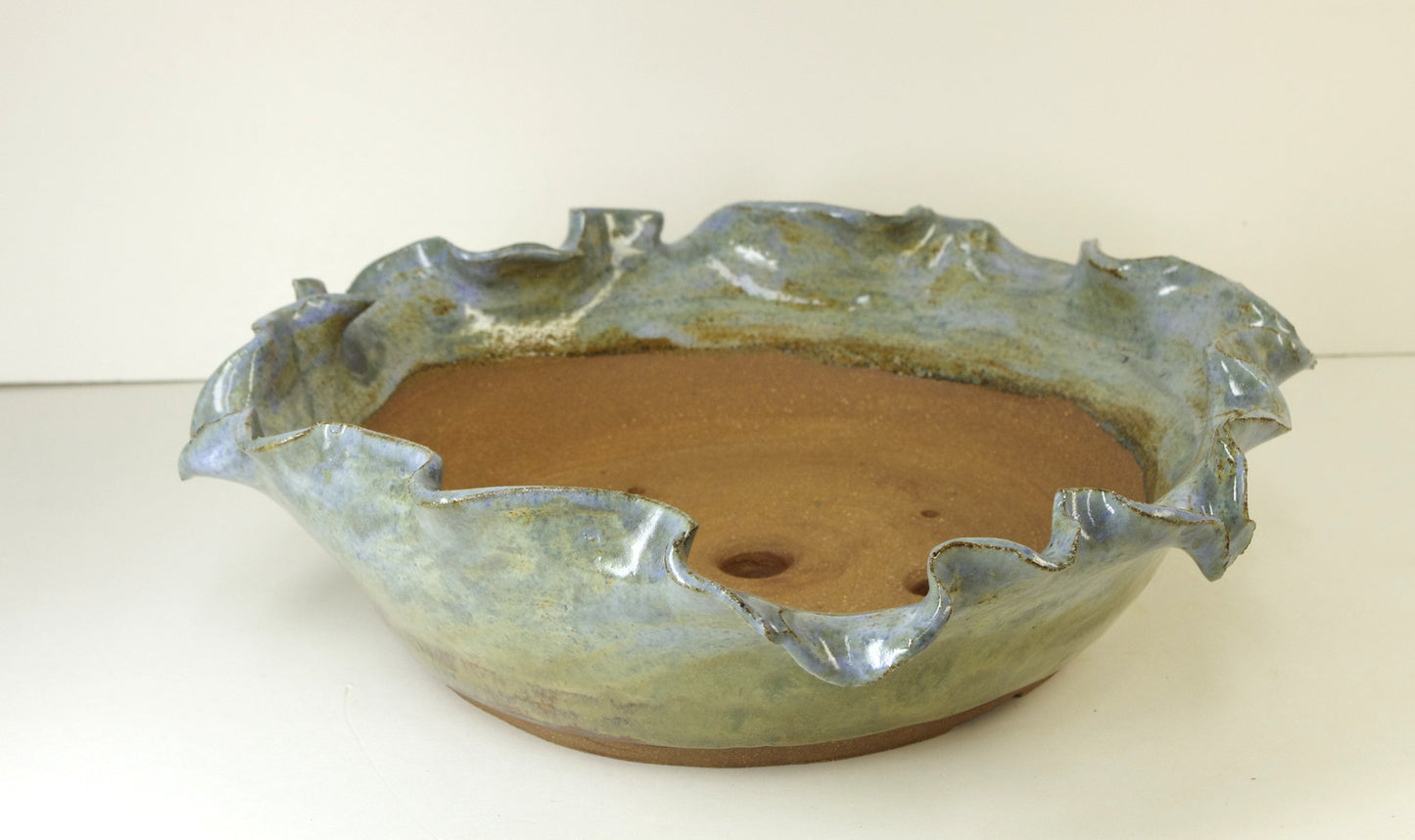 2068, Hand Thrown and Altered Stonware Bonsai Pot, Blues Greens Browns, 11 x 2.5