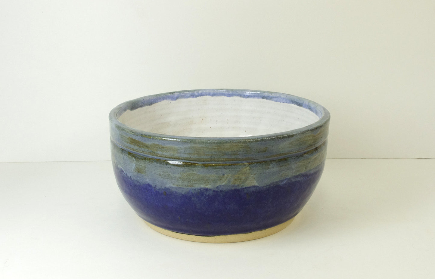 2079, Hand Thrown Stoneware Dog Bowl, Heavy, Blues, Browns, 6 1/2 x 3 1/4