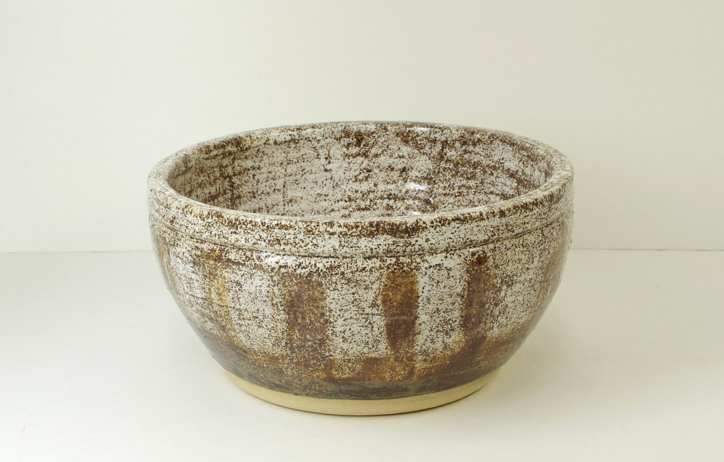 2080, Hand Thrown Stoneware Dog Bowl, Heavy, Brown and White with Speckled Browns, 6 1/2 x 3 1/4