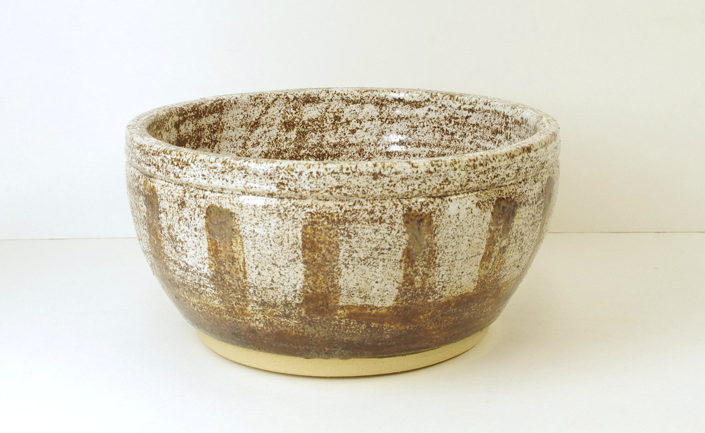 2080, Hand Thrown Stoneware Dog Bowl, Heavy, Brown and White with Speckled Browns, 6 1/2 x 3 1/4