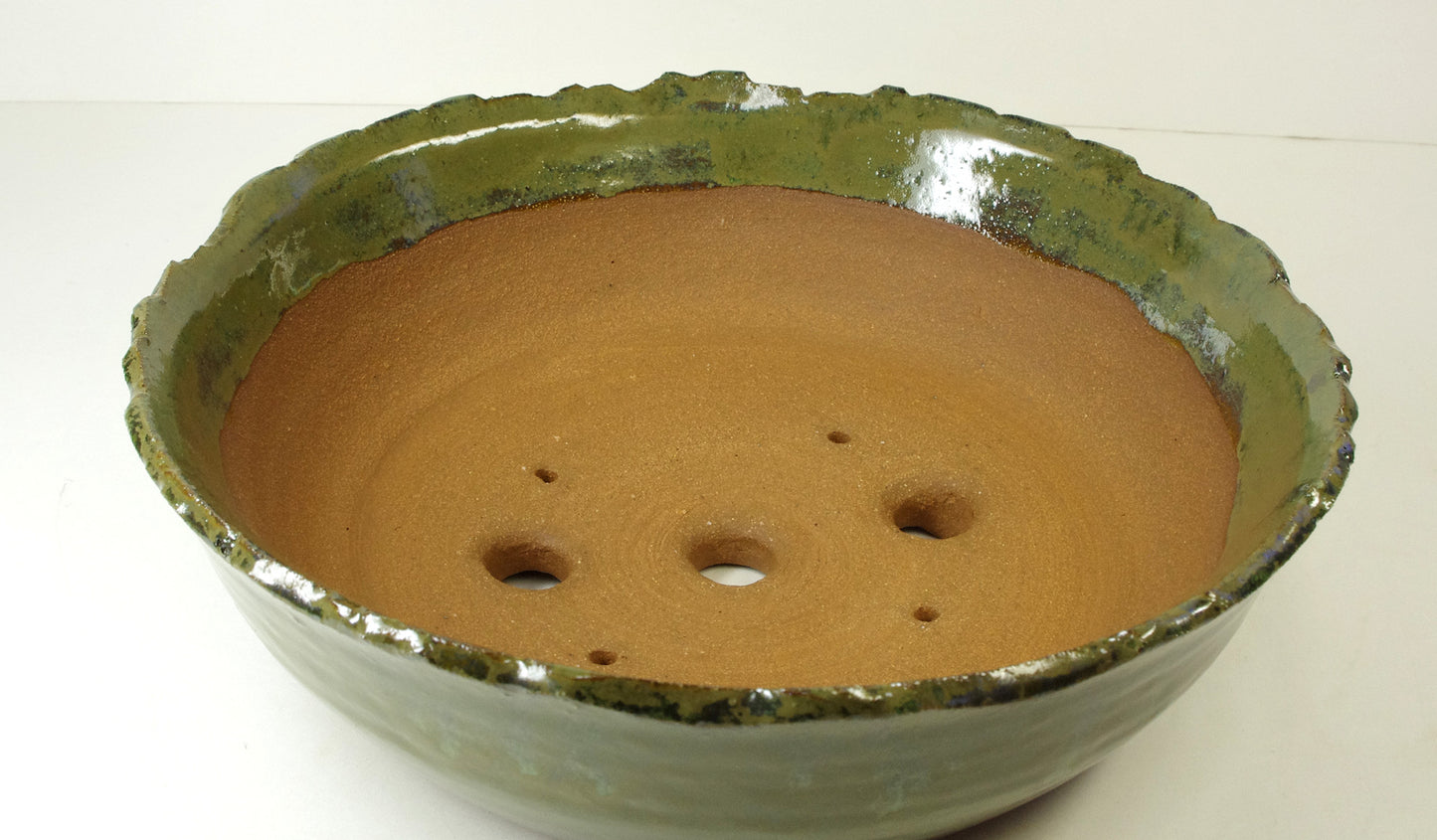 2081, Hand Thrown Stoneware Bonsai Pot with Altered Edge, Extra Wire Holes, Greens, Tans, Browns, 9 1/4 x 2 7/8