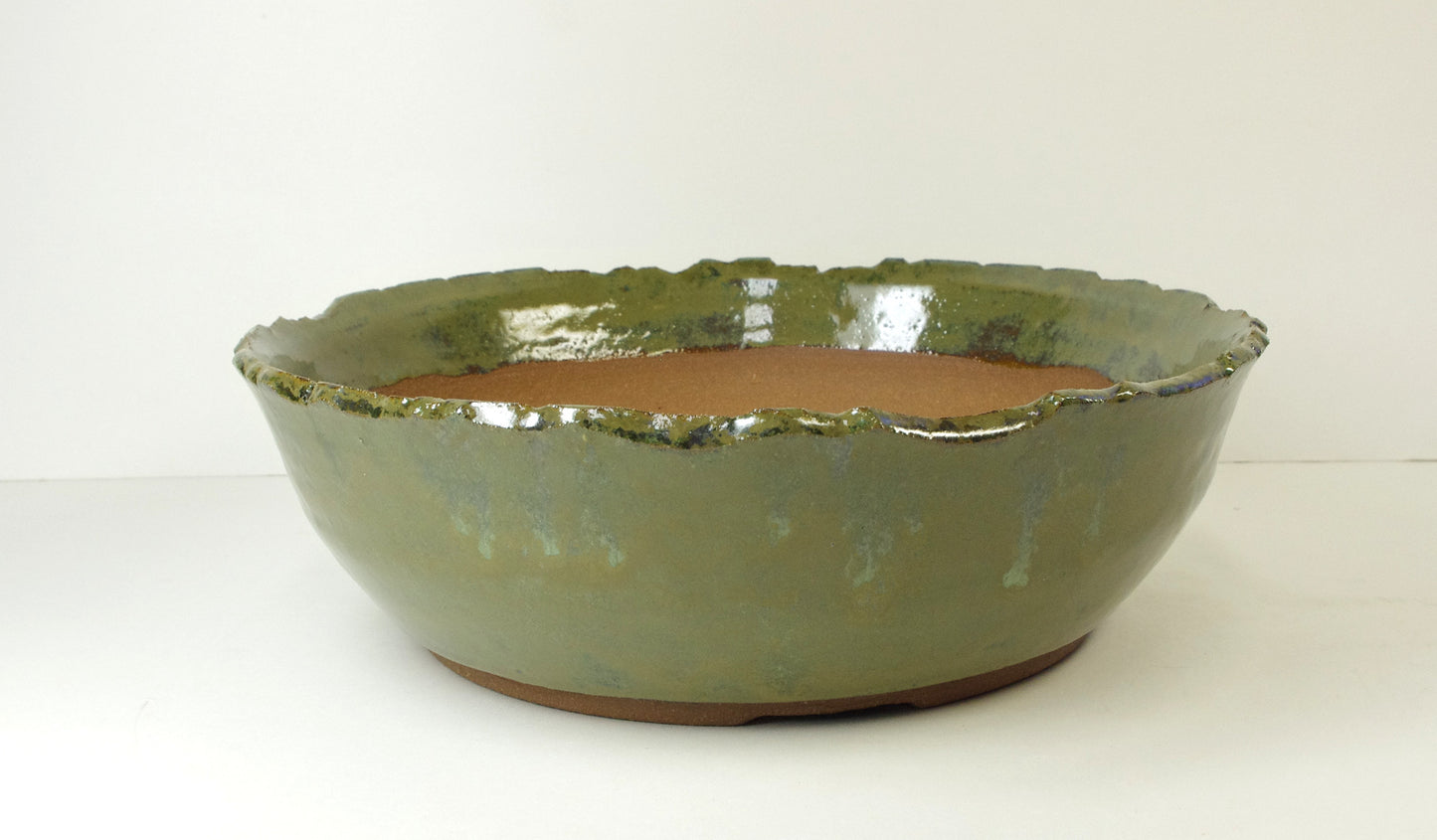 2081, Hand Thrown Stoneware Bonsai Pot with Altered Edge, Extra Wire Holes, Greens, Tans, Browns, 9 1/4 x 2 7/8