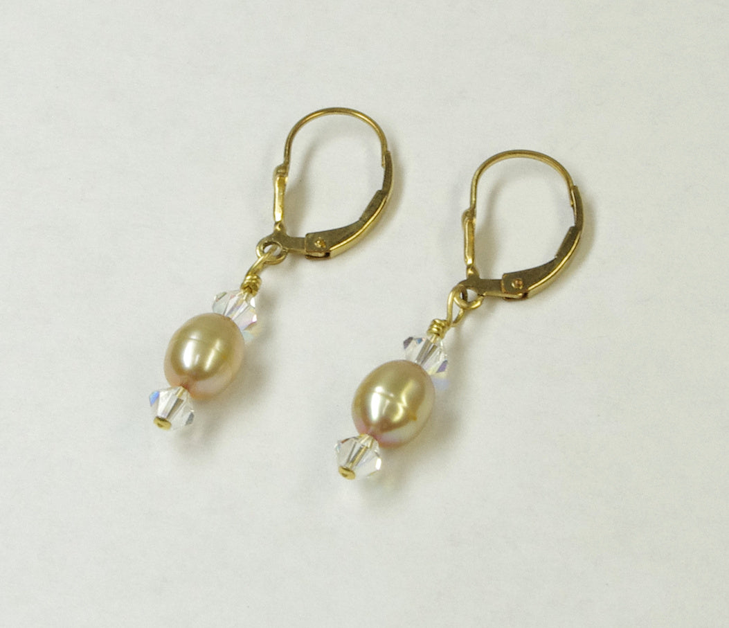 J341003 Crystal and Dyed Gold Fresh Water Pearl Earrings