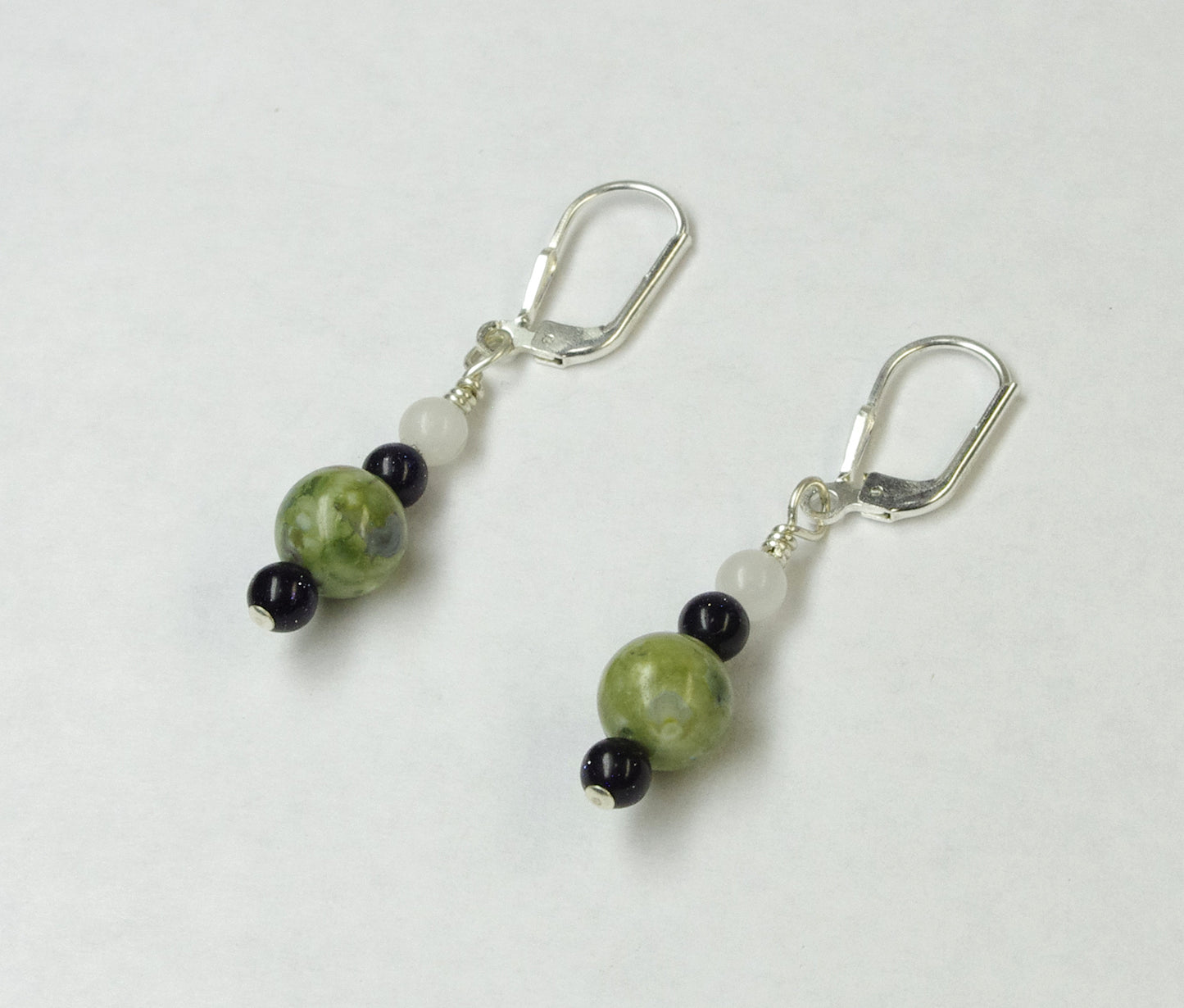 J341022 Green Jasper, Blue Goldstone, and Snowjade, Sterling Silver Earrings