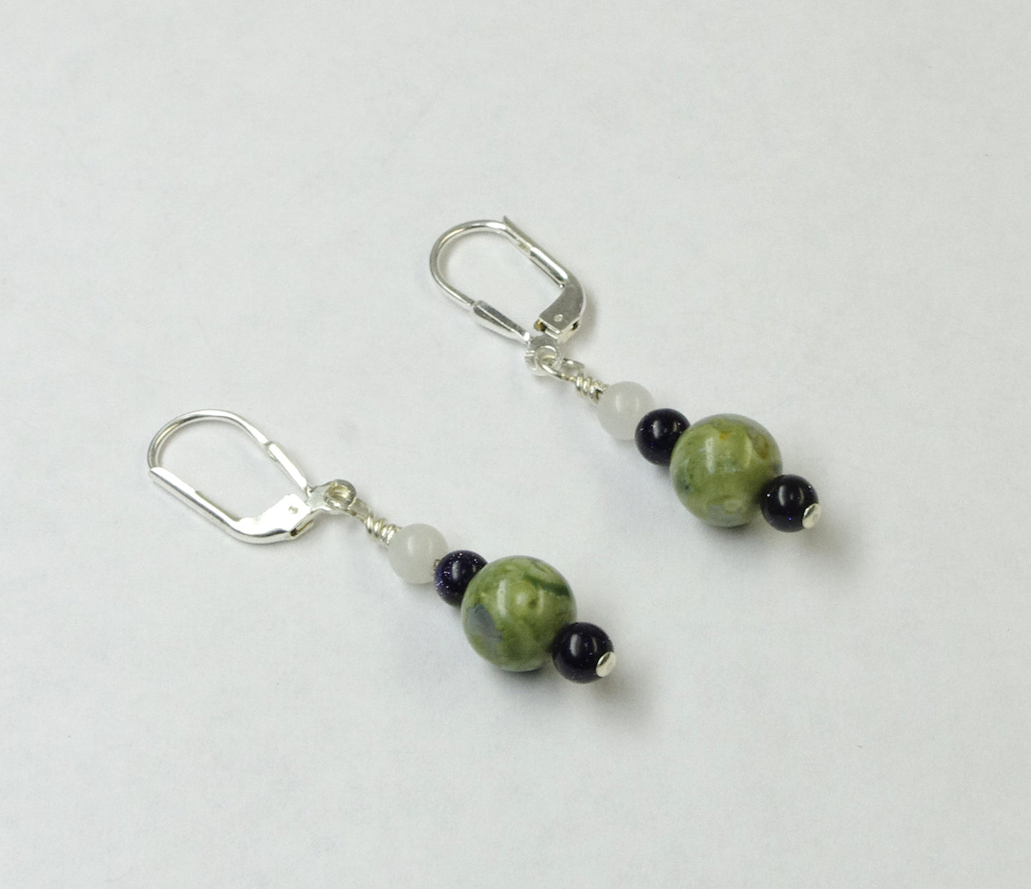 J341022 Green Jasper, Blue Goldstone, and Snowjade, Sterling Silver Earrings