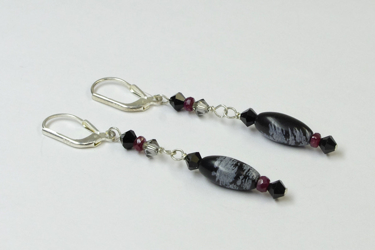 Snowflake Obsidian, Ruby and Crystal, Sterling Silver Earrings