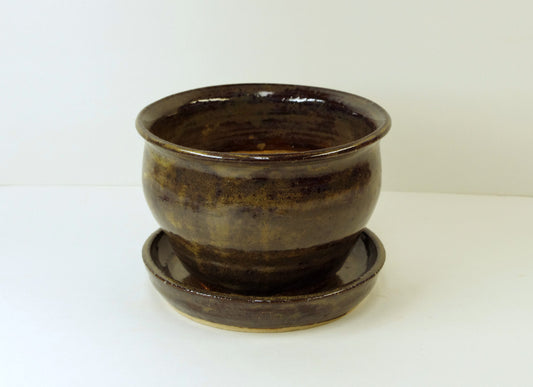 2096, Hand Thrown Stoneware Flower Pot Planter and Saucer, Browns