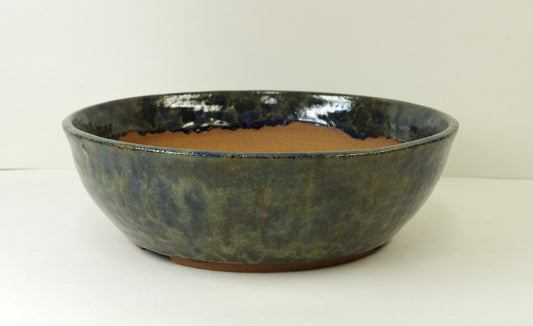 2097 Hand Thrown Stoneware Bonsai Pot, Extra Wire Holes, Olive Greens, Blues, Browns, 9 x 2 7/8