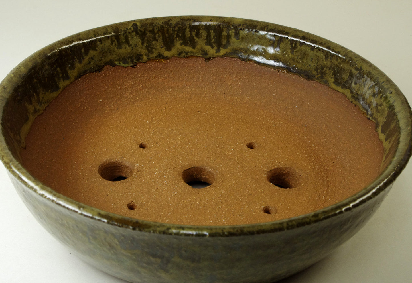 12100, Hand Thrown Stoneware Bonsai Pot,  Greens, 8 1/2 x 2 1/2, With Extra Wire Holes