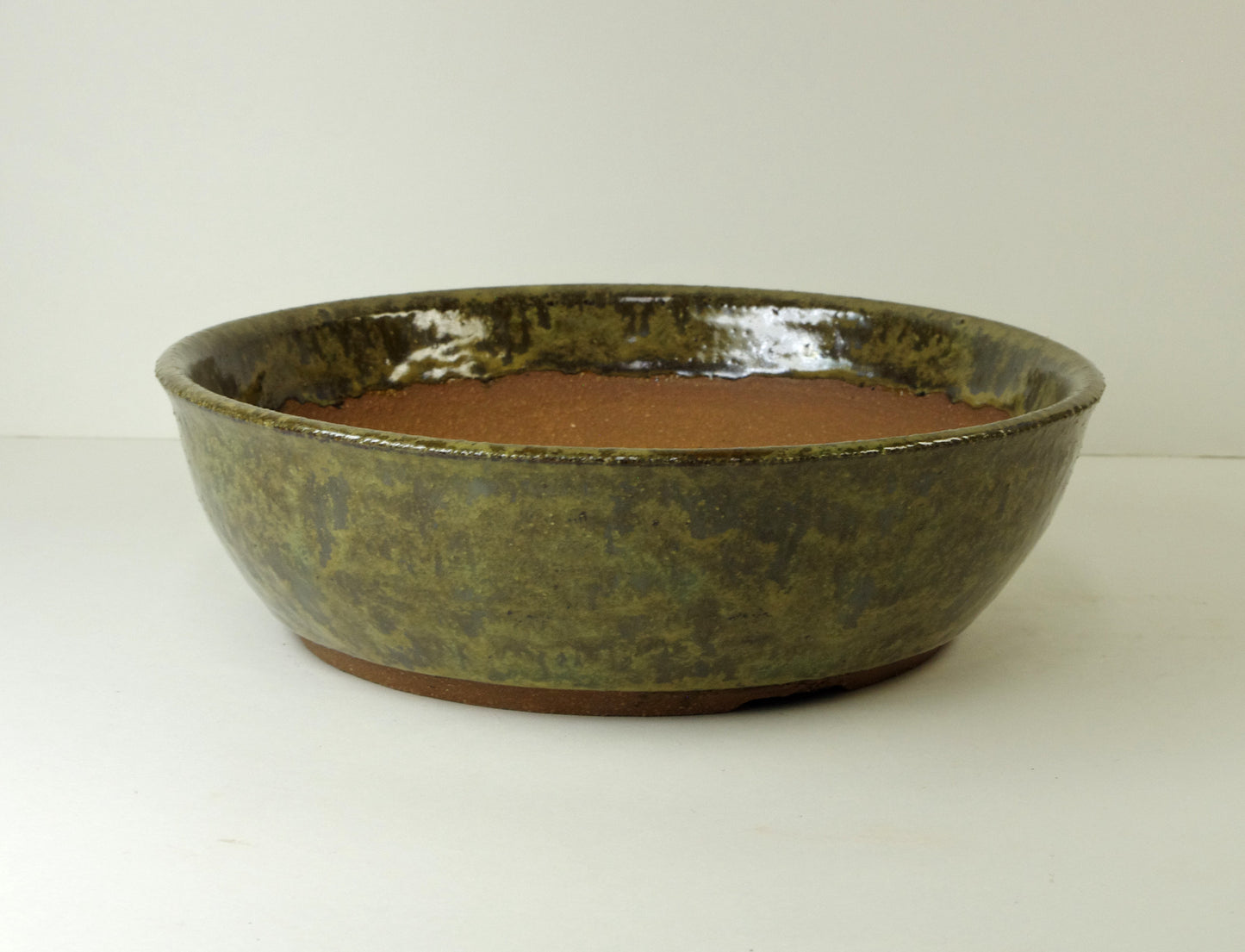 12100, Hand Thrown Stoneware Bonsai Pot,  Greens, 8 1/2 x 2 1/2, With Extra Wire Holes