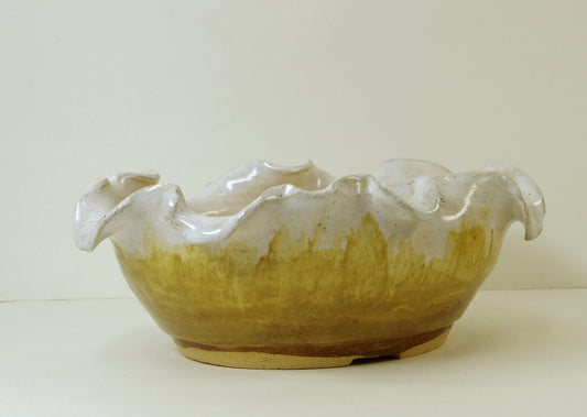 10014, Hand Thrown and Altered Stoneware Bonsai Pot, Tans, Yellows, 7 x 2