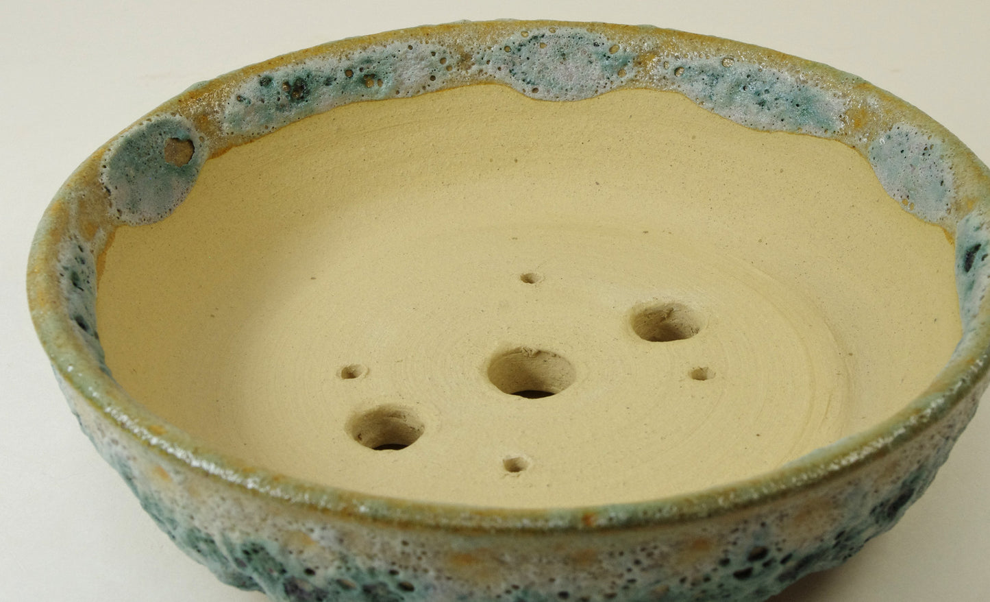2104 Lava Crater Glazed Hand Thrown Stoneware Bonsai Pot, Extra Wire Holes, Greens, Tans 7 5/8 x 2 1/8