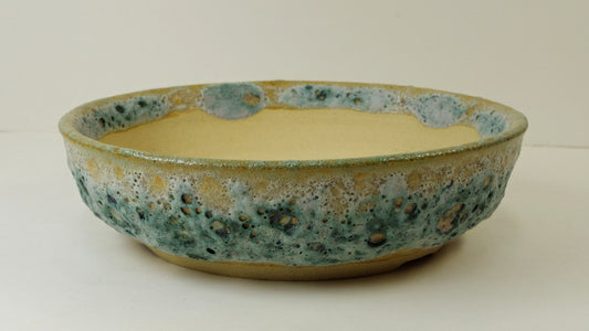 2104 Lava Crater Glazed Hand Thrown Stoneware Bonsai Pot, Extra Wire Holes, Greens, Tans 7 5/8 x 2 1/8