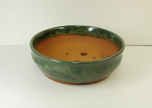 2107, Hand Thrown Stoneware Bonsai Pot, With Extra Wire Holes, 8 x 2 1/2, Greens