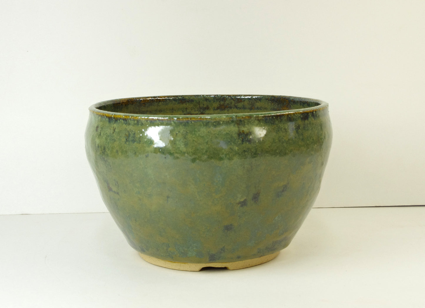 2110, Hand Thrown Stoneware Bonsai Pot,  Greens, Tans  6 3/8 x 4 1/8, With Extra Wire Holes