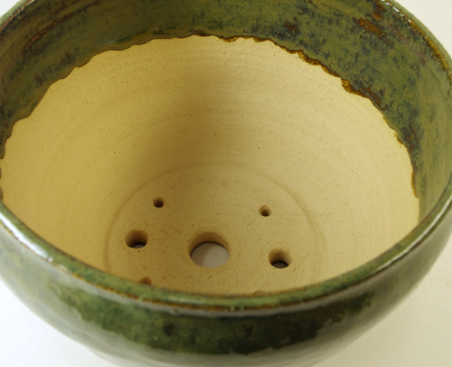 2110, Hand Thrown Stoneware Bonsai Pot,  Greens, Tans  6 3/8 x 4 1/8, With Extra Wire Holes