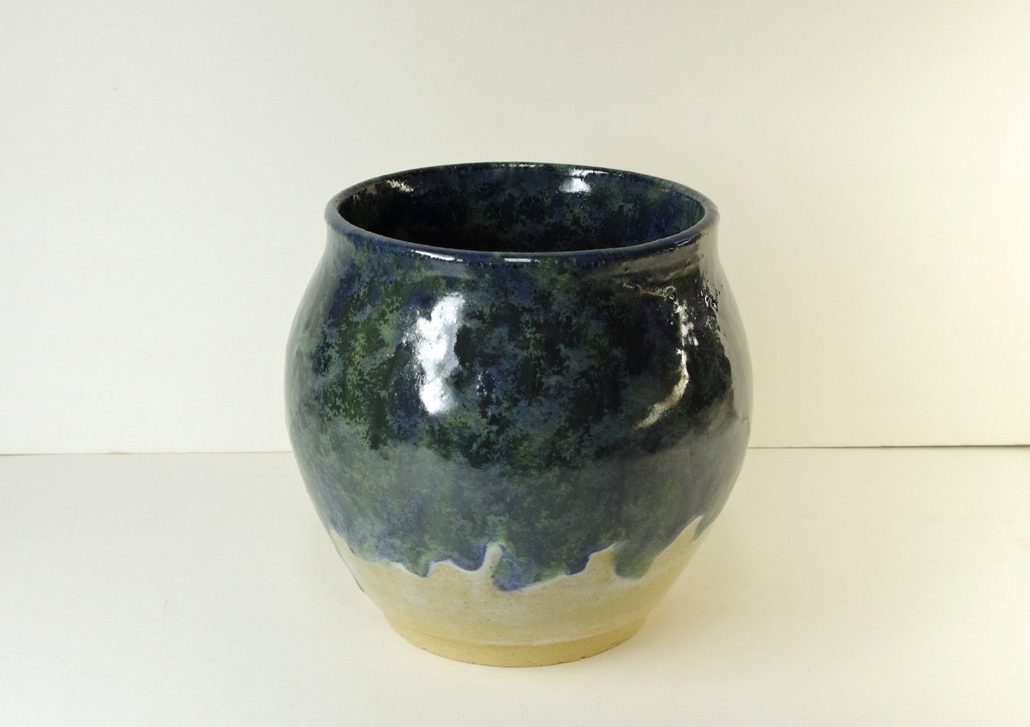 2111, Hand Thrown Stoneware Vase, 4 5/8 (at rim) x 5 3/4 x 5 1/2 inches tall, blues greens and beige