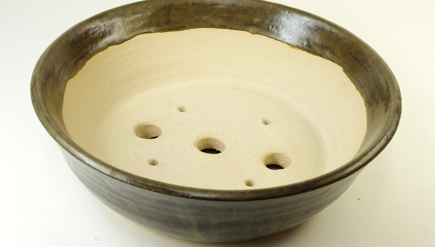 2114, Hand Thrown Stoneware Bonsai Pot, With Extra Wire Holes, 8 3/4 x 2 3/4, Brown