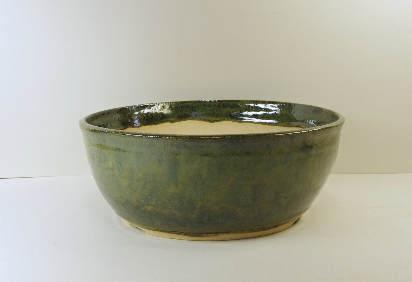 2120, Hand Thrown Stoneware Bonsai Pot,  Greens, 8 1/2 x 3 3/8, With Extra Wire Holes