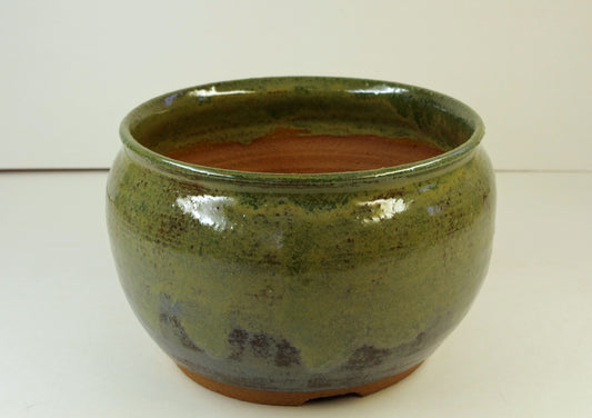 2129 Hand Thrown Bonsai Pot, Greens, 6 x 4 1/8 inches