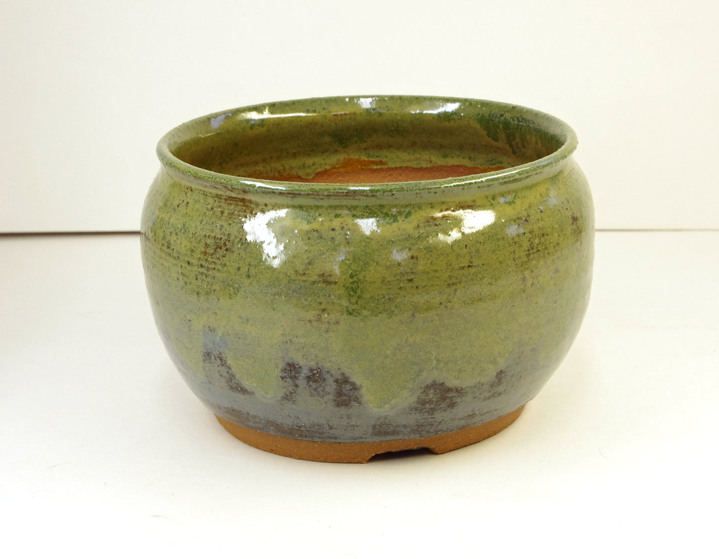 2129 Hand Thrown Bonsai Pot, Greens, 6 x 4 1/8 inches