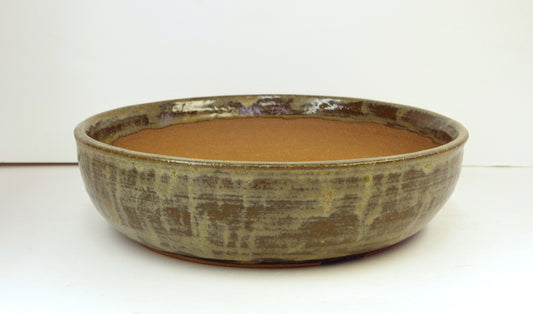 2130 Bonsai Pot, Hand Thrown Stoneware, Dark Browns, Tans, 10 1/4 x 2 3/4