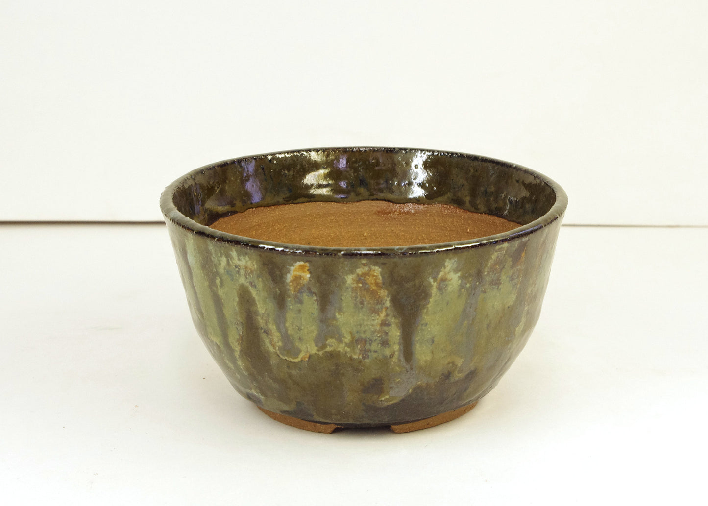 2133 Hand Thrown Bonsai Pot, Stoneware, Greens, Browns, 4 1/2 x 2 3/8