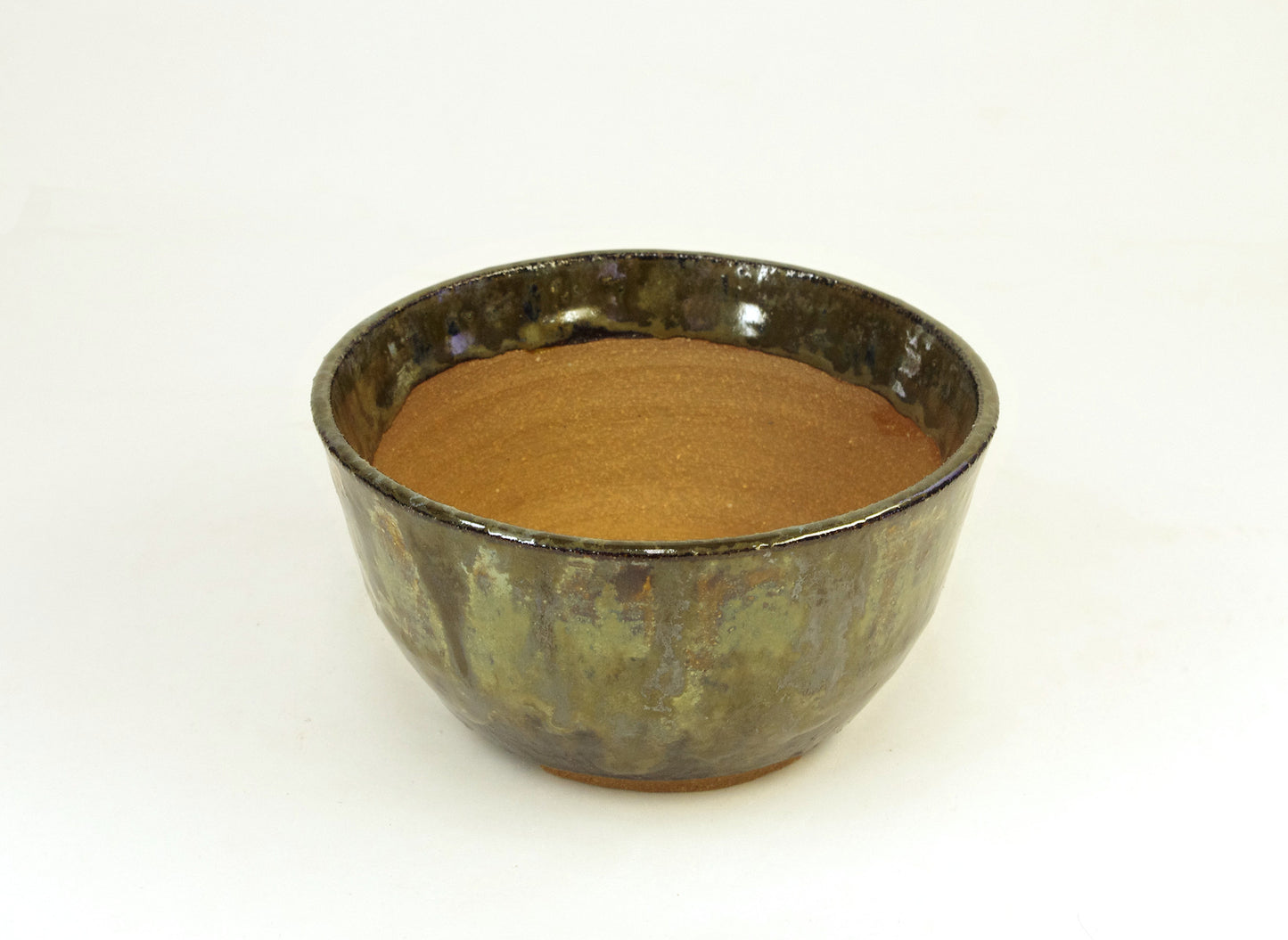 2133 Hand Thrown Bonsai Pot, Stoneware, Greens, Browns, 4 1/2 x 2 3/8