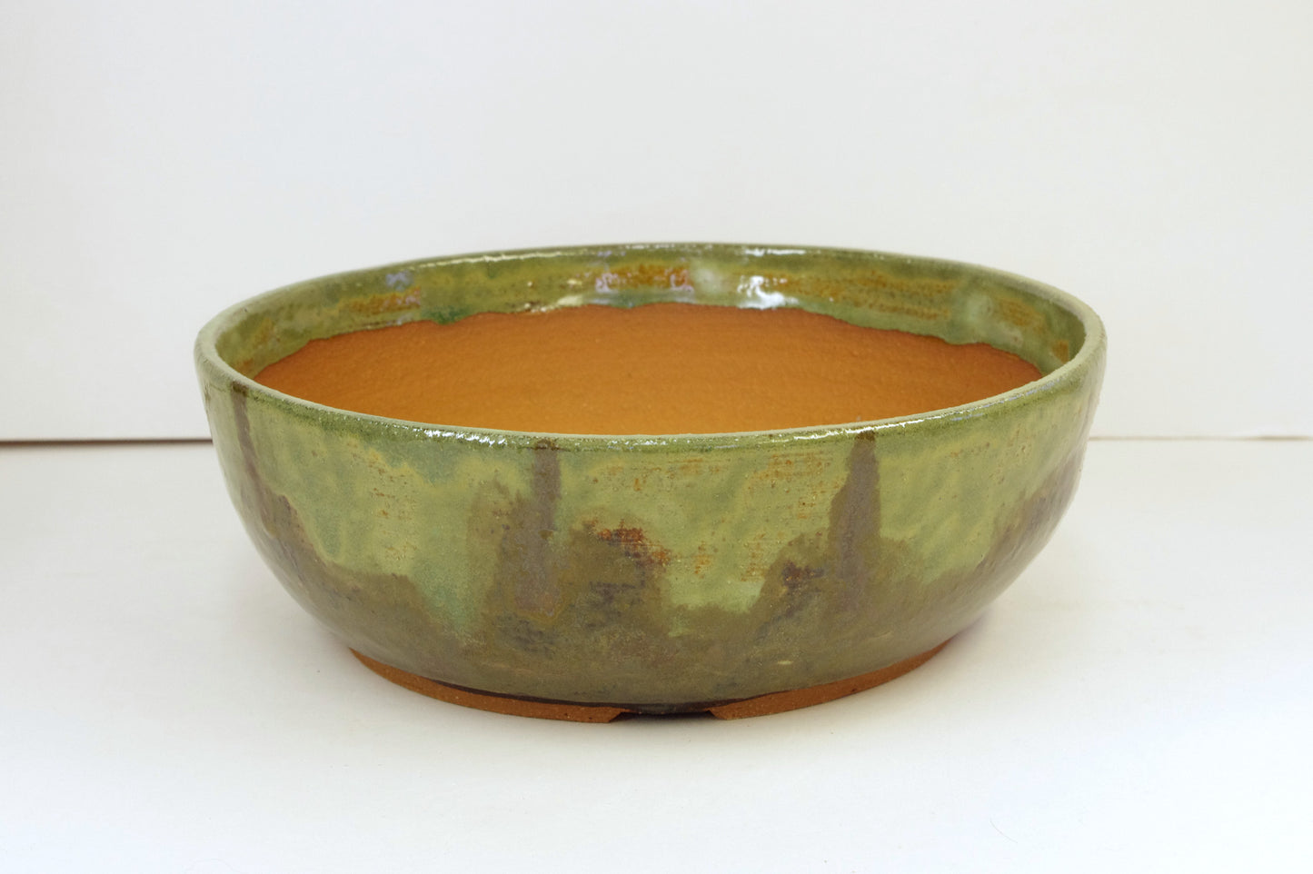 2134 Stoneware Bonsai Pot, Hand Thrown, Browns and Greens 8 1/4 x 2 7/8