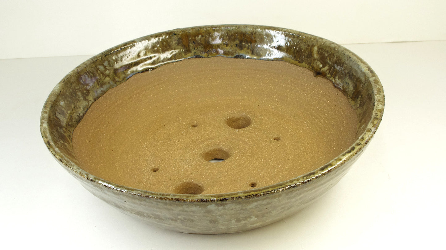 Hand Thrown Stoneware Bonsai Pot, Extra Wire Holes, Greenish Browns, Tans, Browns, 8 7/8 x 2 1/2
