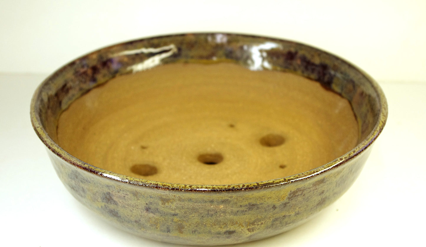 2141, Hand Thrown Stoneware Bonsai Pot, Extra Wire Holes, Browns, Golds, 9 x 2 1/2