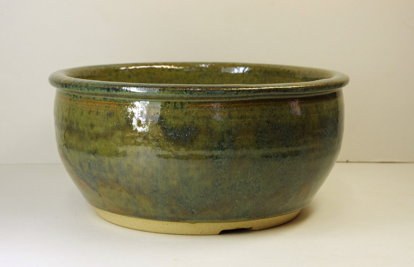 Heavy Hand Thrown Bonsai Pot, greens, 8 1/2 x 4 1/8