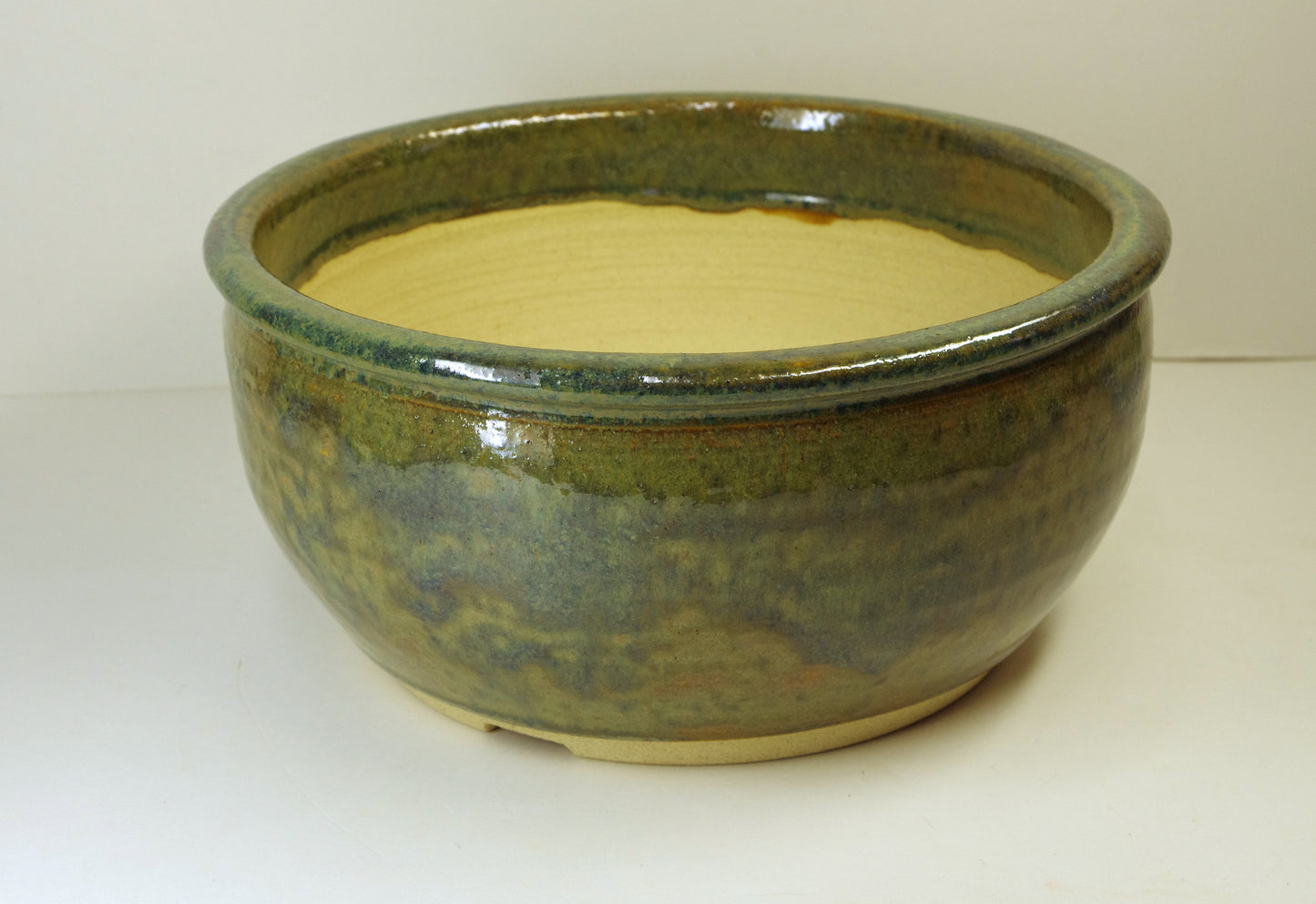 Heavy Hand Thrown Bonsai Pot, greens, 8 1/2 x 4 1/8