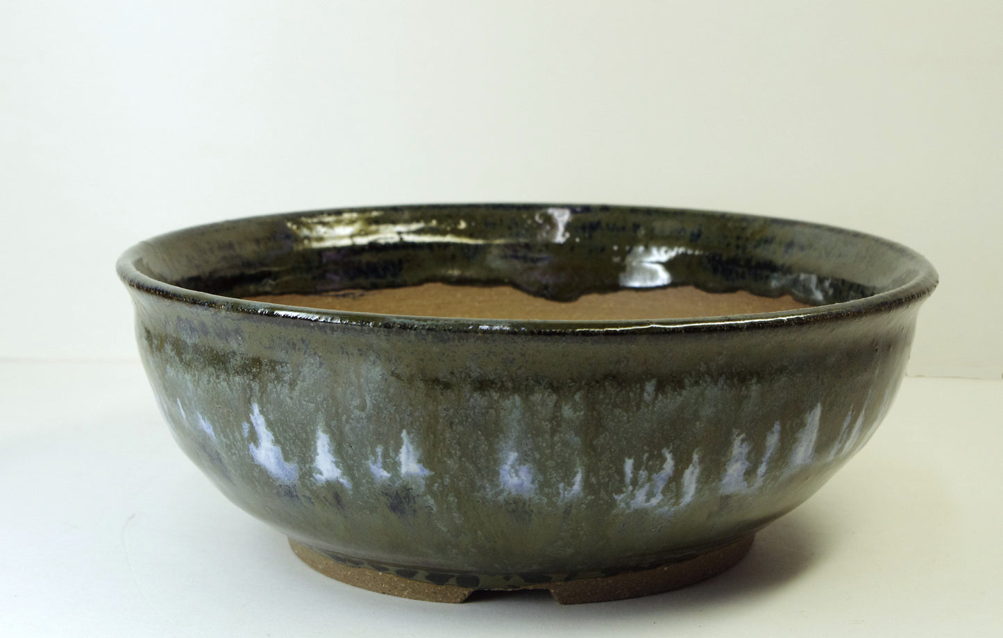 2170, Hand Thrown Stoneware Bonsai Pot, Blues, Dark Greens, Black 7 3/4 x 2 7/8